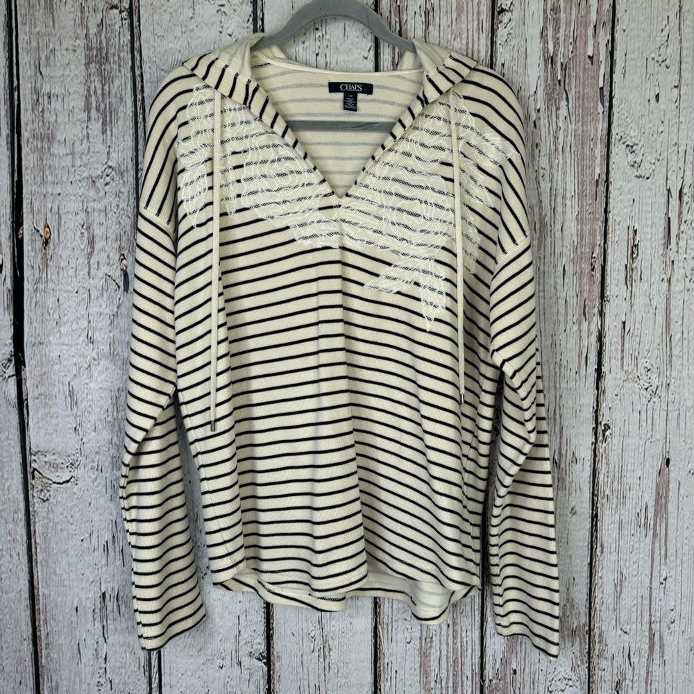 CHAPS Women’s Large Sweatshirt Hoodie Ivory Black‎ Striped V-Neck Floral Lace